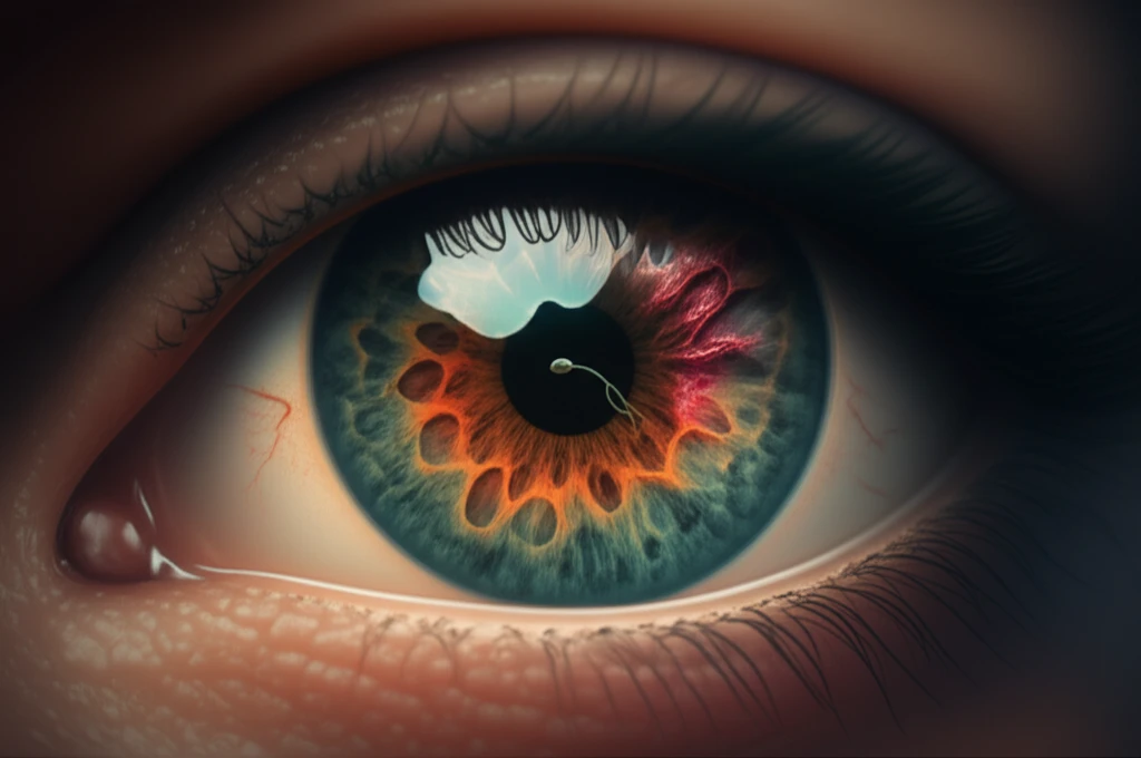 Illustration showing a healthy eye and an eye with retinochoroidal scars, visualizing the impact of ocular toxoplasmosis. A tiny parasite attacks the eye, symbolizing the infection. Wide-angle view, with a slight fantastical touch.