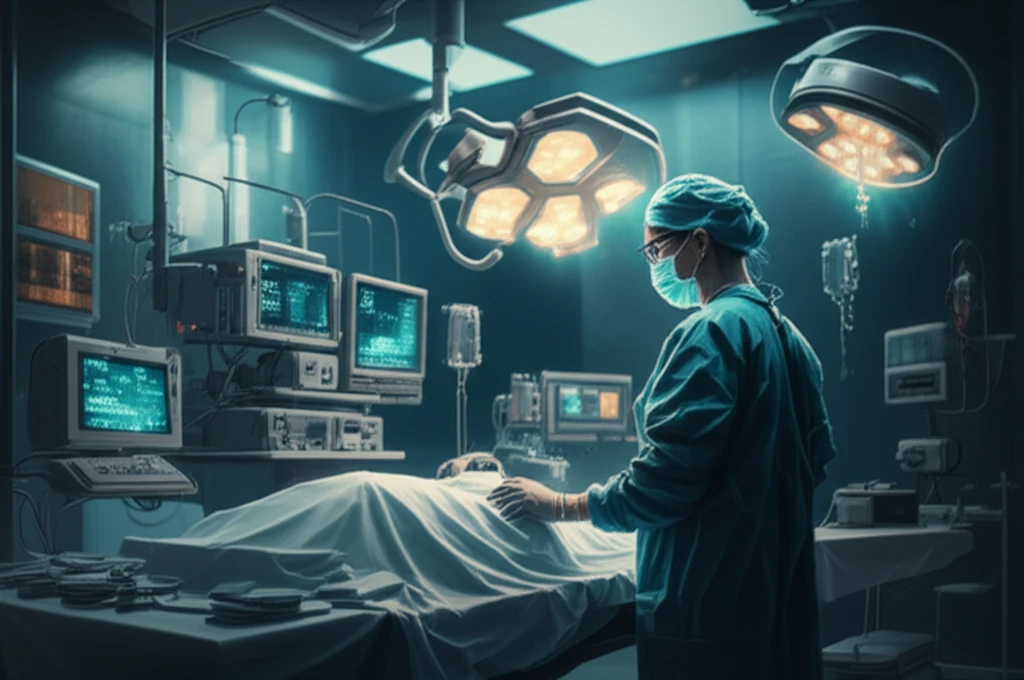 Anesthesiologist in a modern operating room with advanced monitoring equipment and a patient in the foreground.