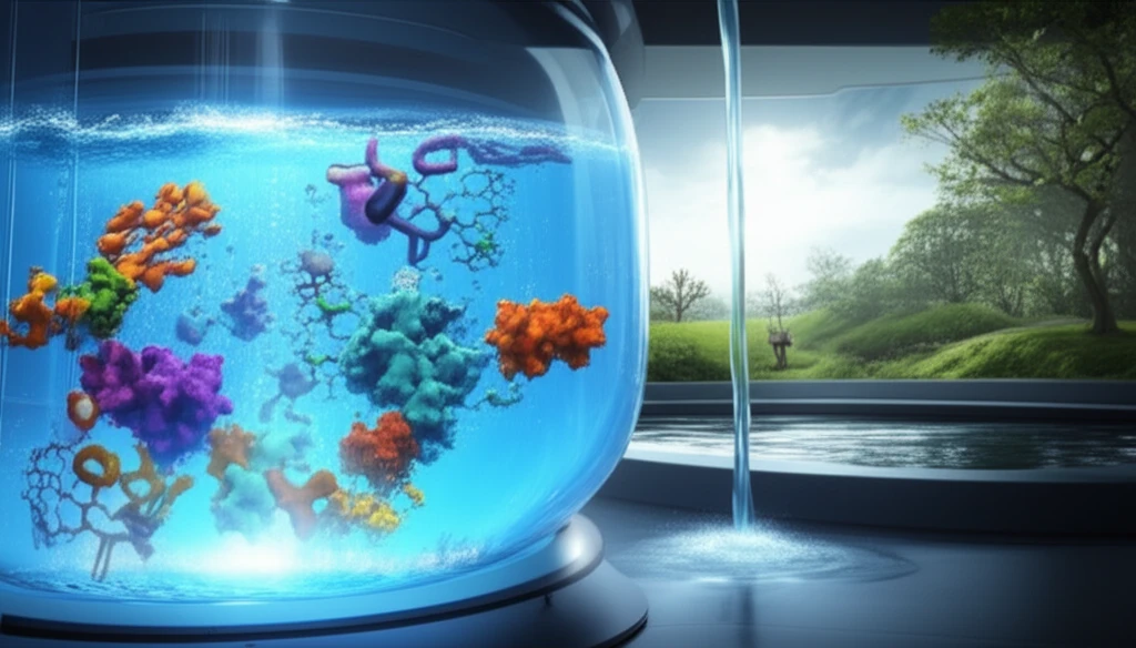 Digital illustration of an advanced wastewater treatment plant using enzymes to remove endocrine-disrupting chemicals, with clean water flowing into a thriving ecosystem.