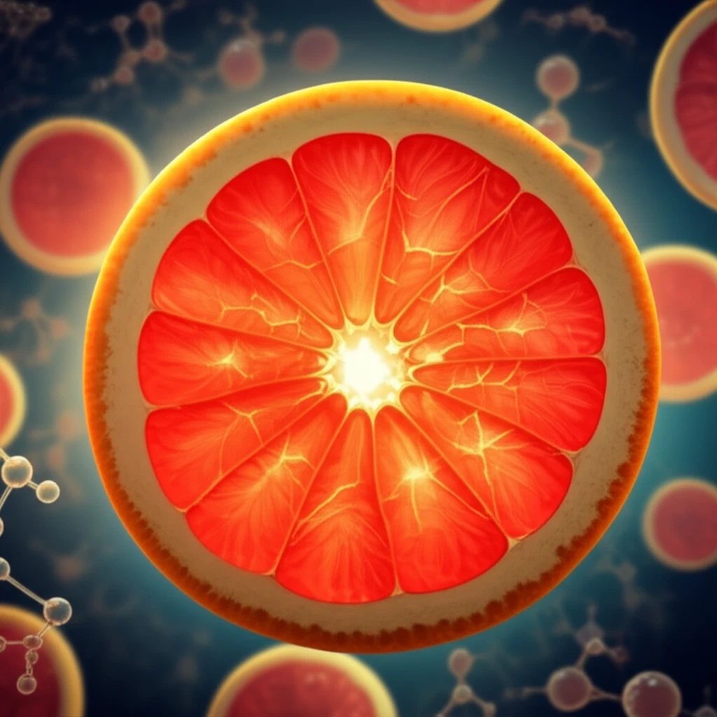 Illustration of a grapefruit slice with a glowing interior, symbolizing naringin's protective effects against oxidative stress and dyslipidemia.