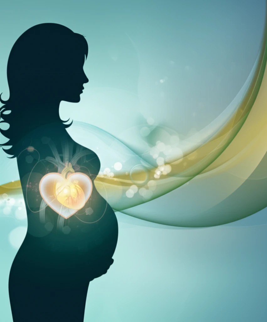 Illustration of a pregnant woman with a glowing heart, symbolizing cardiac health and pregnancy.
