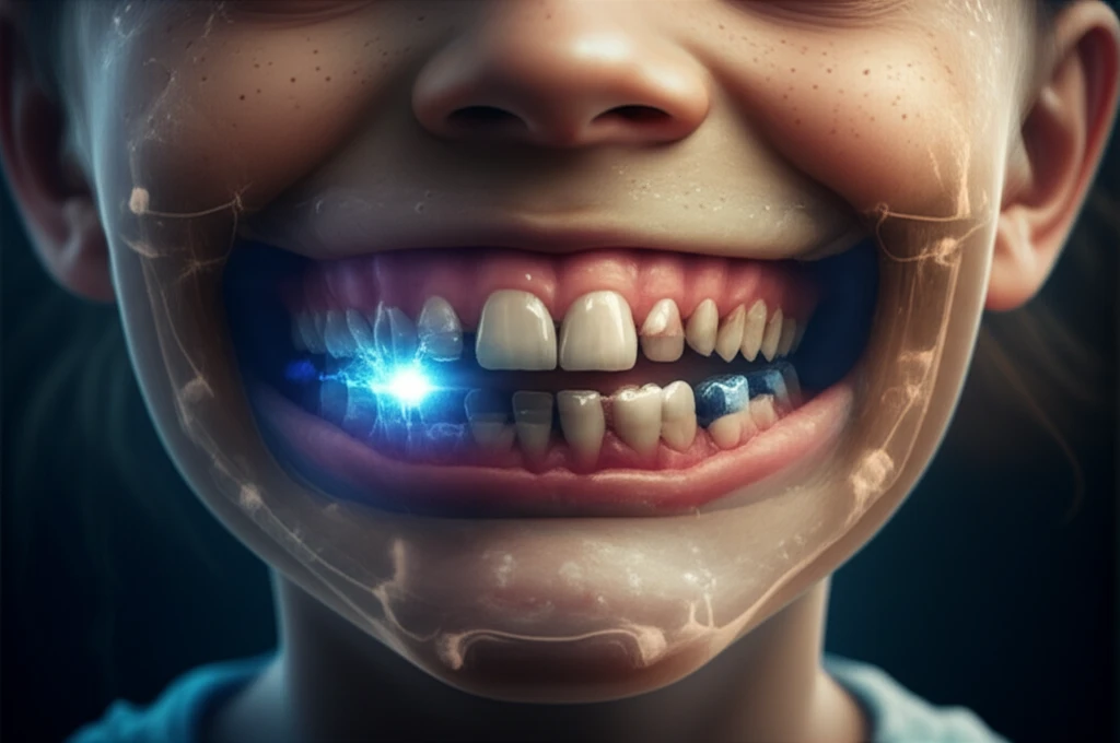 A digital illustration showing a child's face with an x-ray effect, highlighting the advanced technology used in dental tomography.