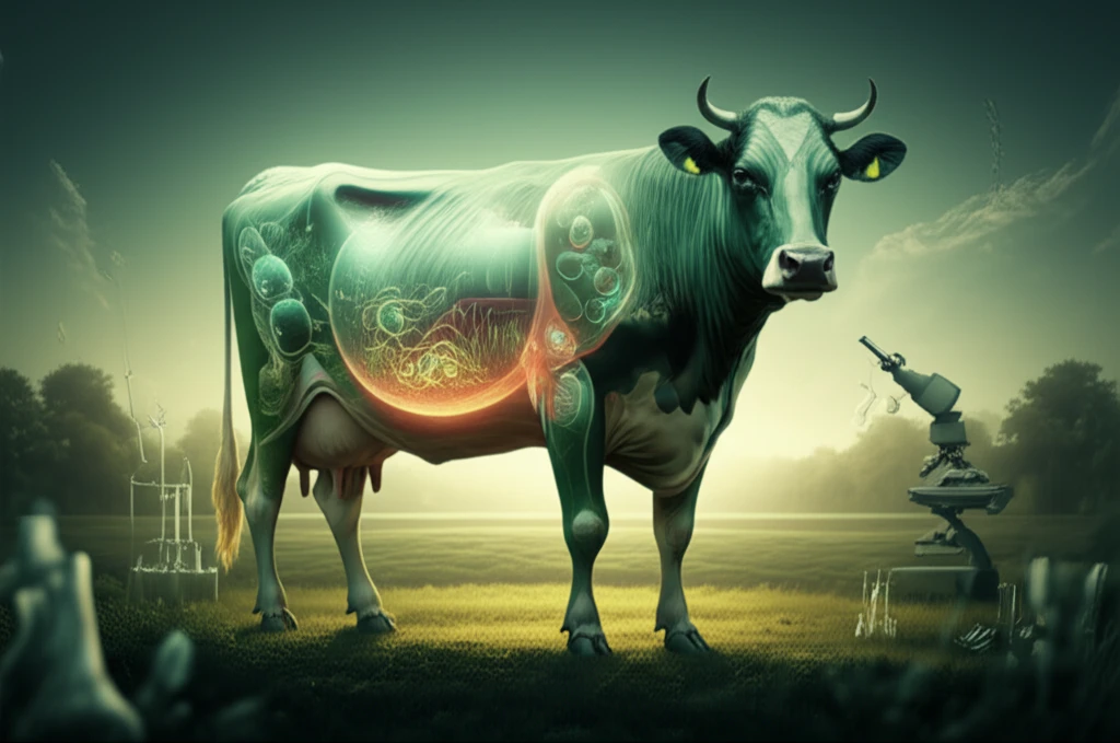 A surreal digital illustration of a cow with a glowing rumen, showcasing the complex microbial activity inside the digestive system.