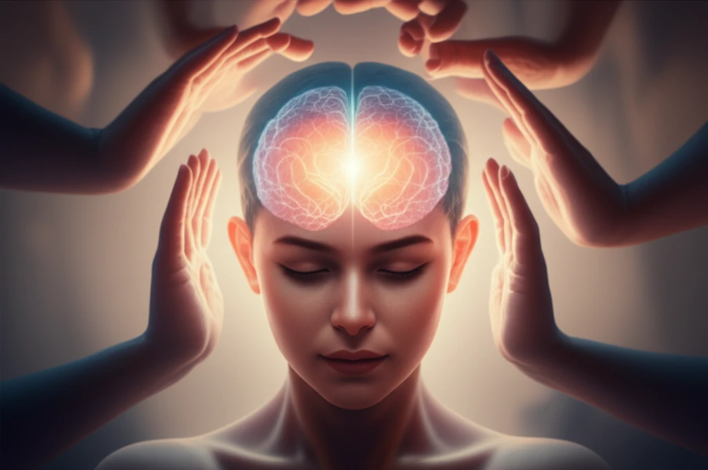 Illustration depicting a person with a glowing brain surrounded by supportive hands, symbolizing glioblastoma treatment and the impact on quality of life, cognitive function, and psychological wellbeing.