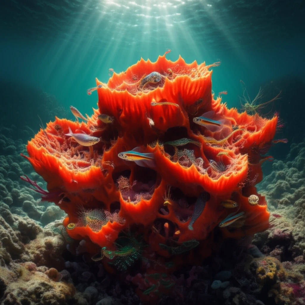 Illustration of a cross-section of a red sponge with marine life.