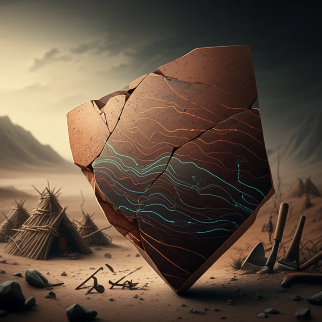 Illustration depicting ancient pottery revealing climate patterns, early farming tools, and a settlement, symbolizing the impact of climate change on early farmers.