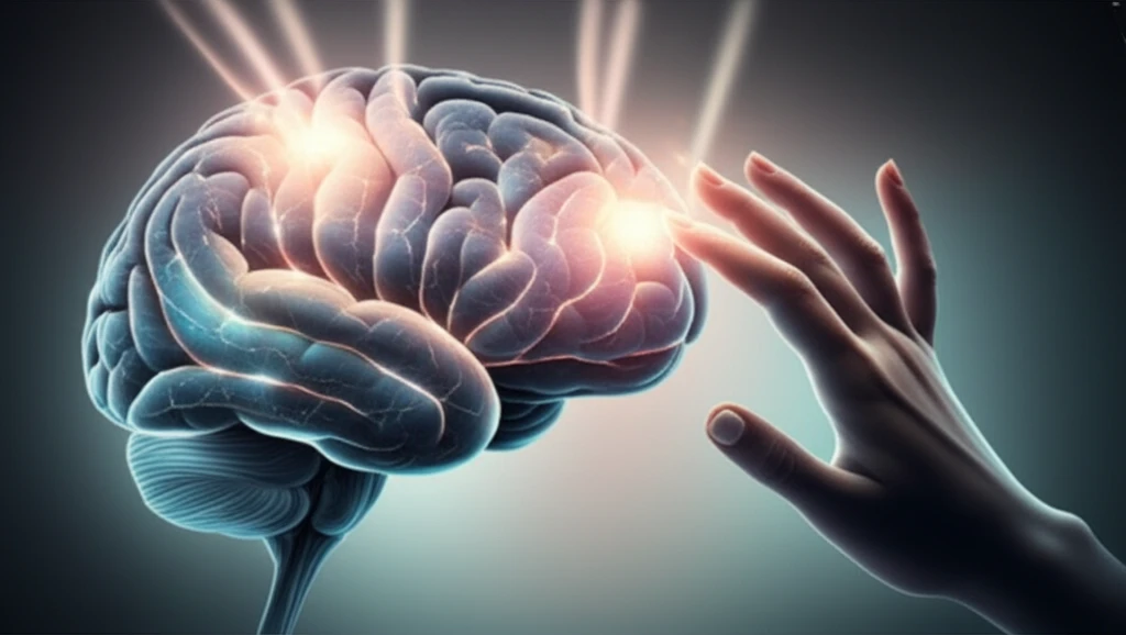 Illustration of the brain with highlighted areas for tDCS therapy. A hand reaching out to a glowing part of the brain representing cognitive and pain relief.