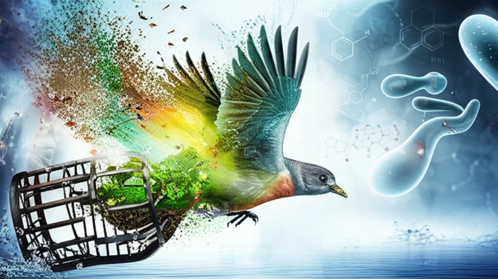 A surreal digital illustration depicting a bird escaping a cage, transitioning to a thriving ecosystem, with symbolic representations of science and nature.