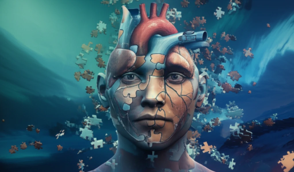 Illustration of a heart intertwined with puzzle pieces and a person's face, symbolizing the interplay of personality and heart health.