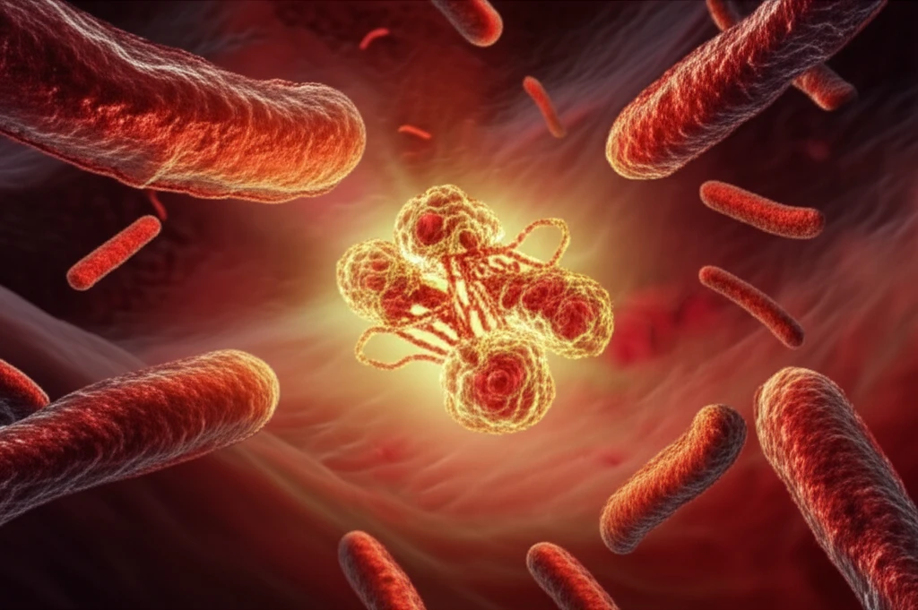Illustration depicting Mycobacterium tuberculosis bacteria with focus on the MtCDA enzyme, symbolizing TB research and treatment.