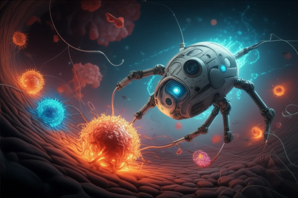 Illustration of a nanobot targeting cancer cells, representing the future of cancer treatment.