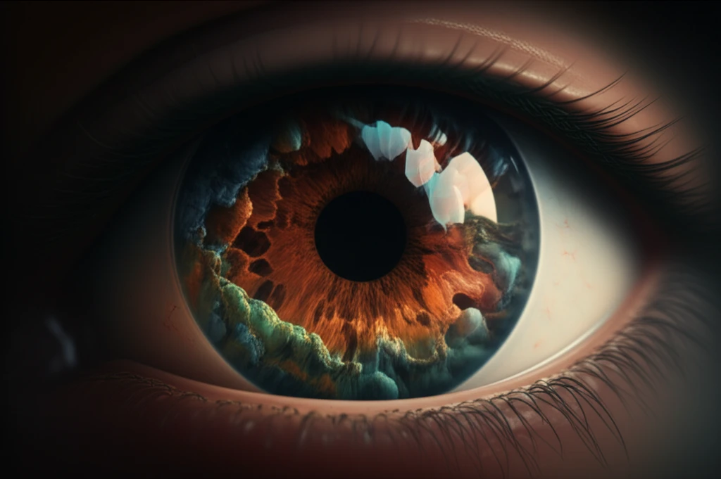 Illustration of an eye with glowing retina and 3D subretinal fluid.