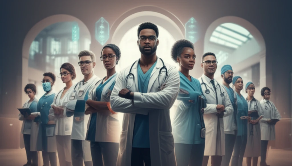 Illustration depicting diverse healthcare professionals collaborating in a modern European setting.