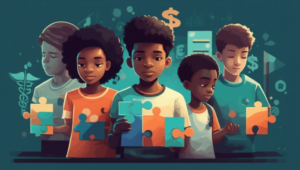 Illustration of children with autism spectrum disorder, highlighting healthcare, finance, and policy aspects.