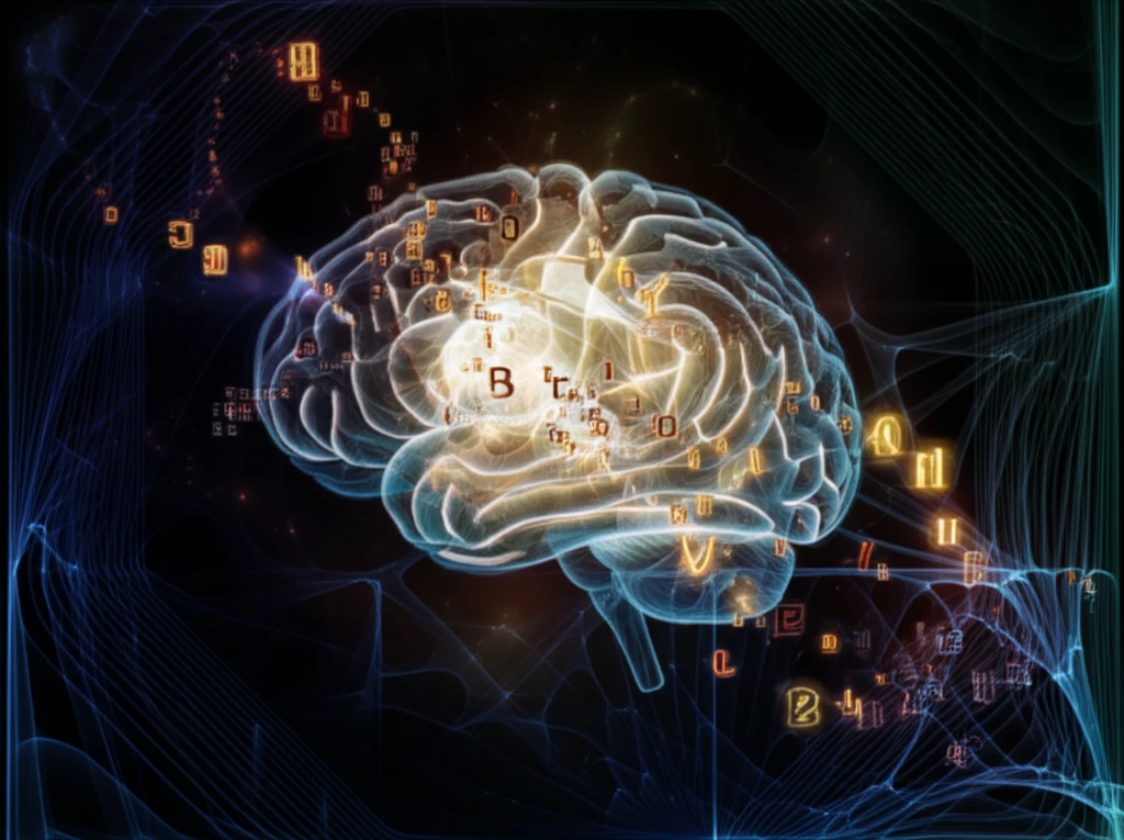 A digital illustration of a brain, its pathways glowing, with floating words and a world map, symbolizing how the brain processes language and meaning.