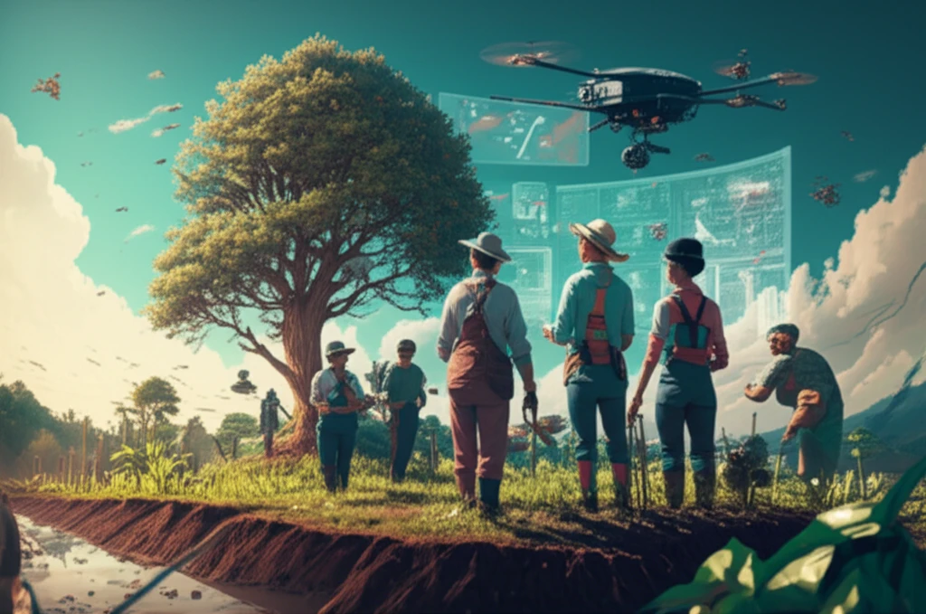 Illustration of European organic farmers collaborating on a farm, using technology and sharing knowledge.