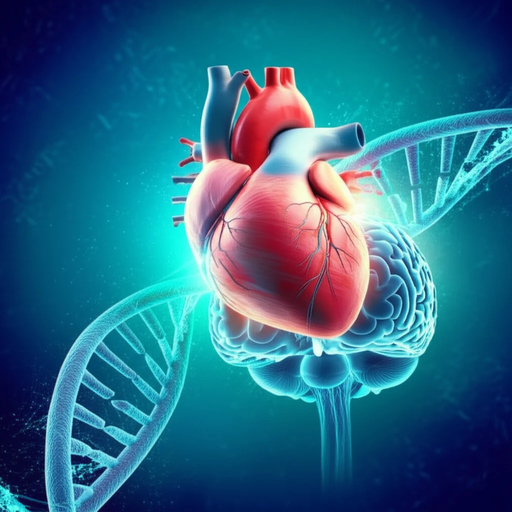Illustration representing the impact of early detection on genetic health, featuring a DNA helix, heart, and brain.