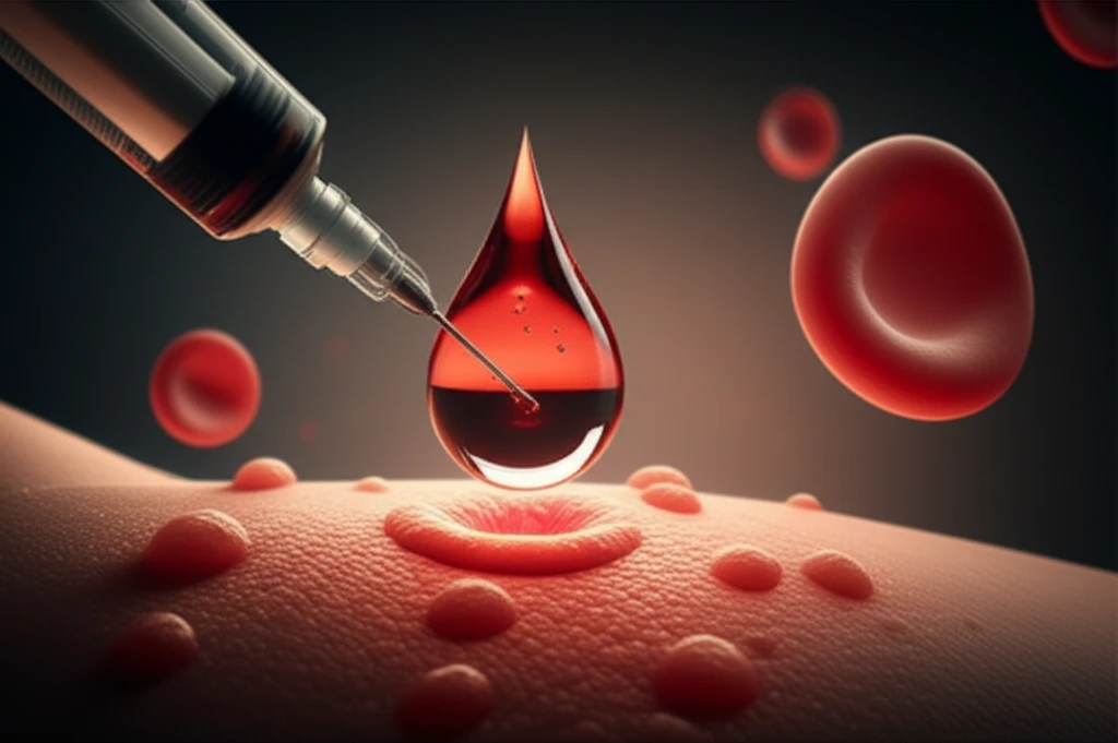 Illustration of a blood injection healing a skin condition. 