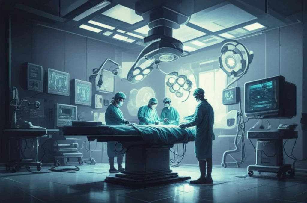 A futuristic operating room with advanced surgical tools and holographic displays, symbolizing the future of plastic surgery.