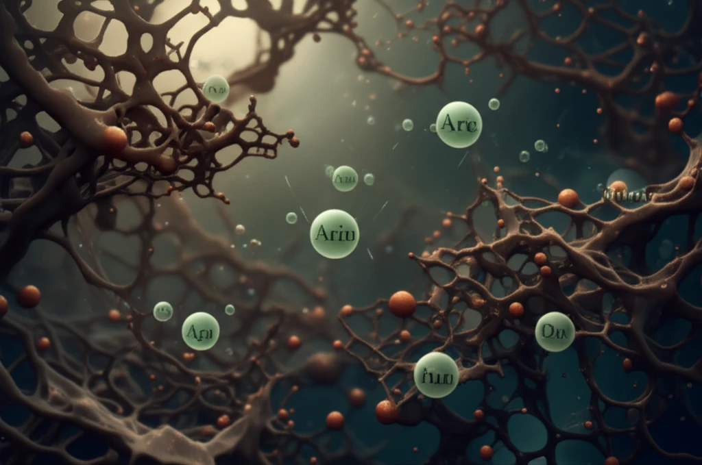Digital illustration depicting the interaction of humic substances, iron, and arsenic in a freshwater environment.