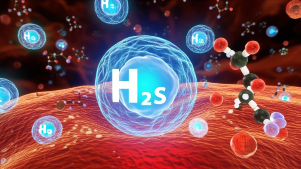 Illustration depicting cancer cells interacting with Hydrogen Sulfide (H2S) molecules.