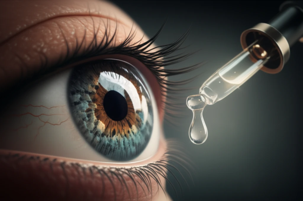 Illustration of an eye with corneal neovascularization being treated by eye drops, symbolizing hope and healing in eye care.