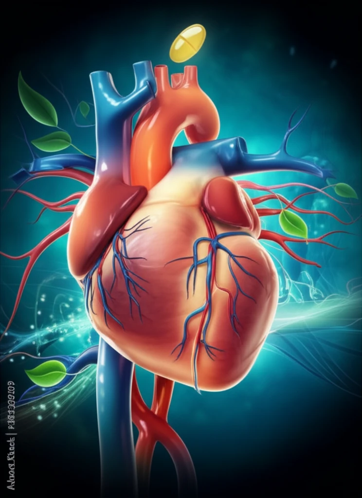 Illustration of a heart with folic acid supplement. Health and vitality.