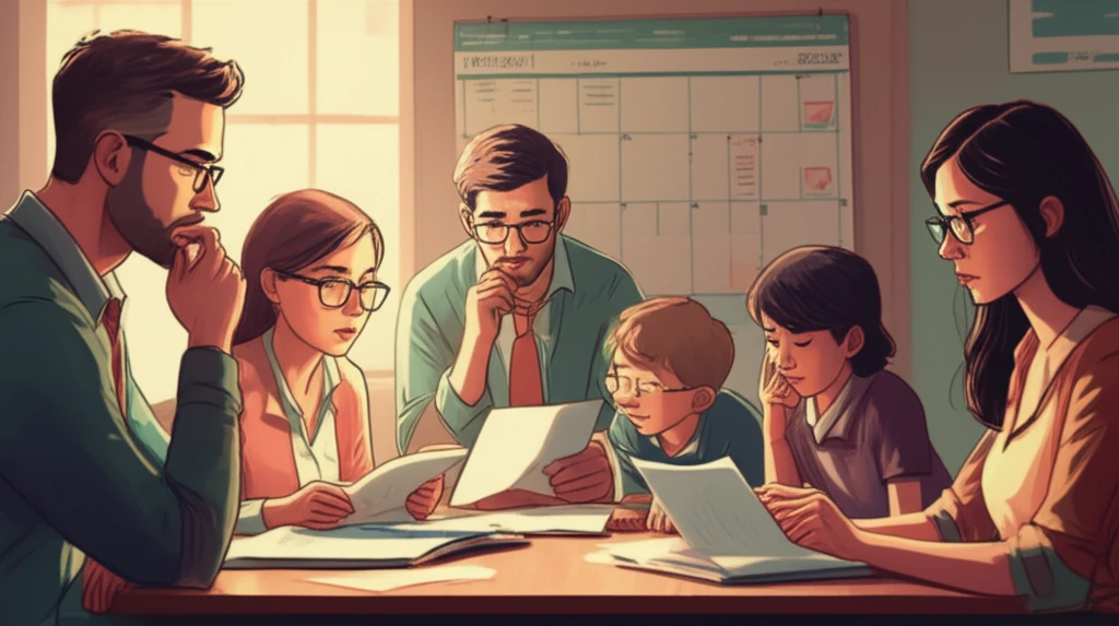 Family reviewing financial documents and planning for the future