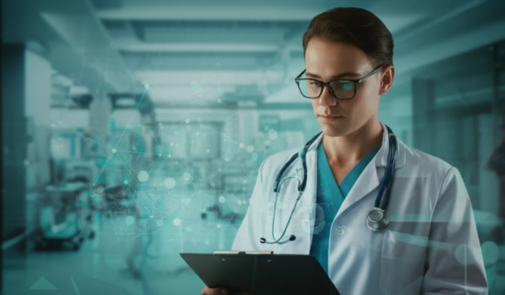 Illustration of a doctor reviewing a patient's chart, highlighting the complexities of analyzing medical errors and the importance of patient safety.