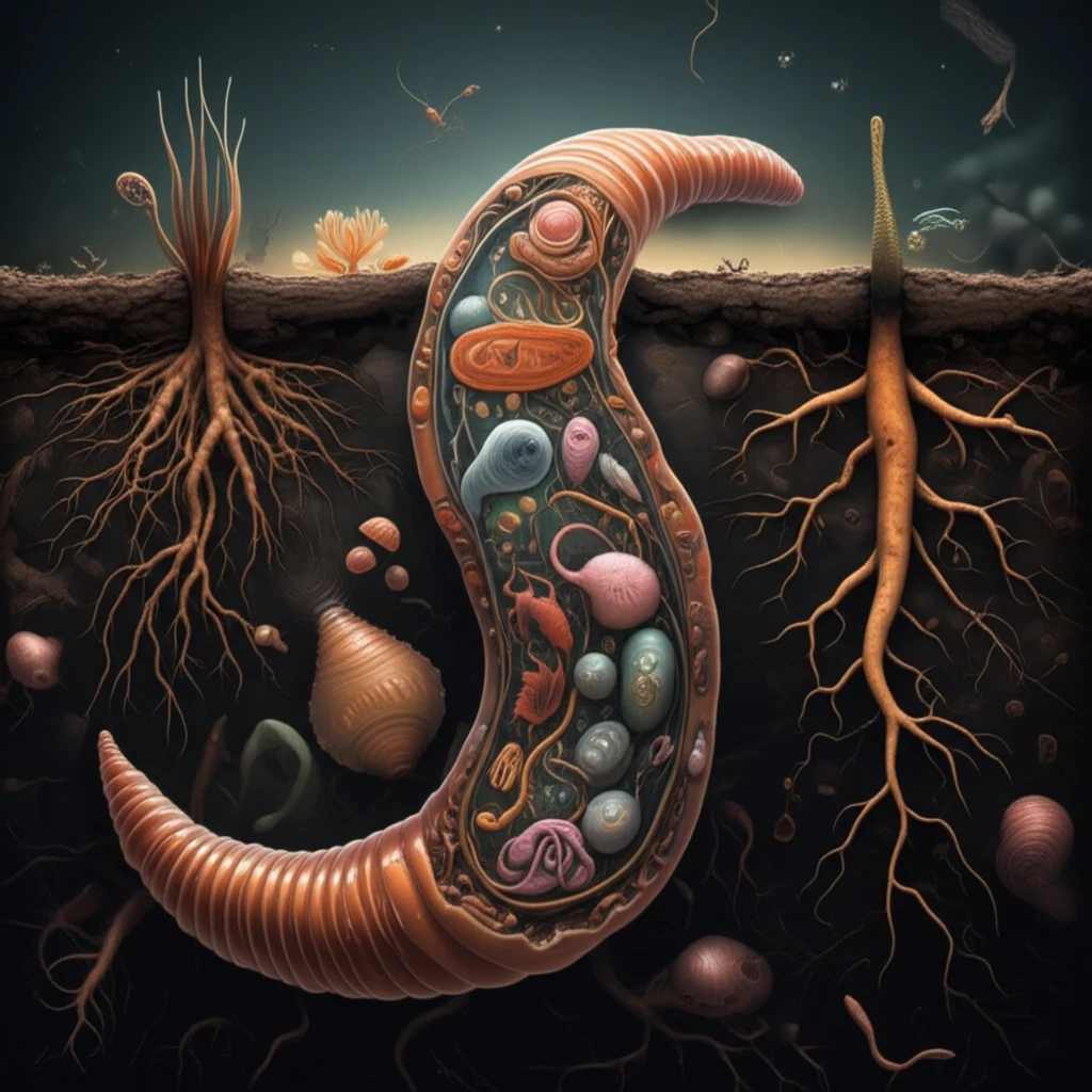 Illustration of a complex earthworm, with hidden layers and a view of soil beneath it.