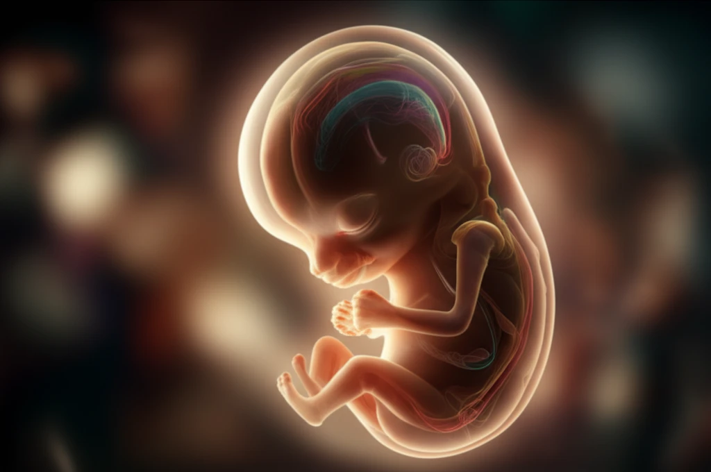 An artistic illustration showing the process of embryonic development, with colored segments for major tissues.