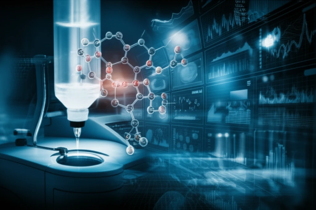 Illustration of UV spectrophotometry in drug analysis, showing a UV spectrophotometer, serum vial, drug molecule, and data graphs