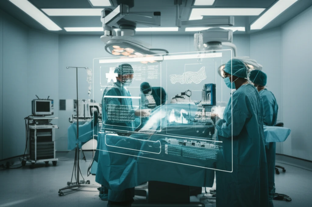 Illustration of a surgical team in a modern operating room, focused on patient safety and accuracy. The scene includes a digital display of medical records, highlighting the importance of surgical listing accuracy.