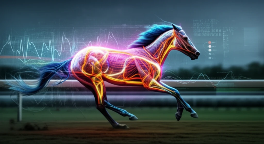 Illustration depicting a racehorse running on a track with highlighted blood vessels showing the role of blood markers during exercise.