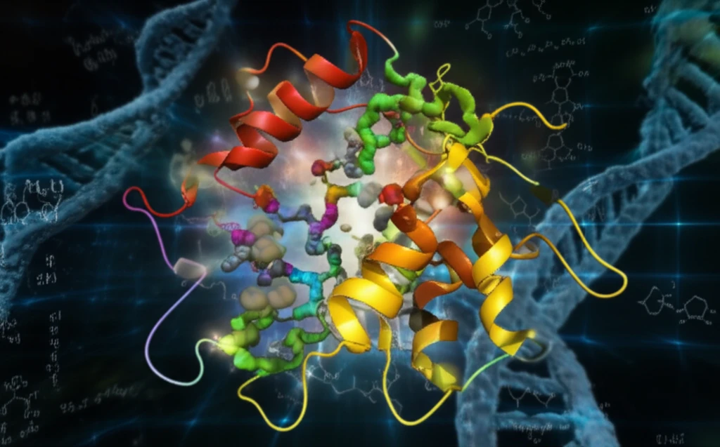 Illustration of an enzyme molecule at work, with detailed molecular structures and colorful visual representations of energy transfer