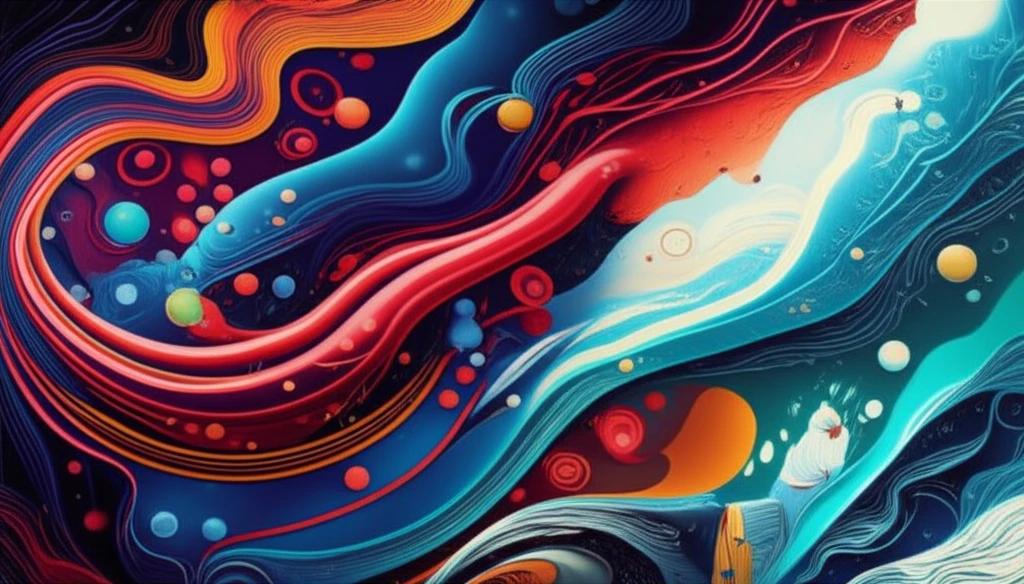 Surreal digital illustration of fluid dynamics concepts, showing diverse flow scenarios.