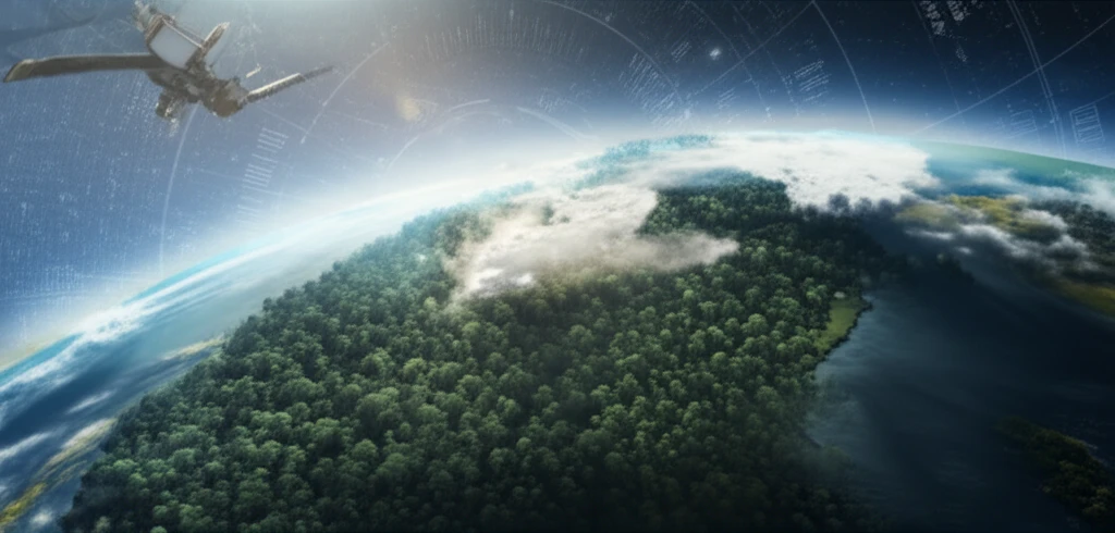 Illustration of the Amazon rainforest with satellite data overlay, showing its role in climate regulation.