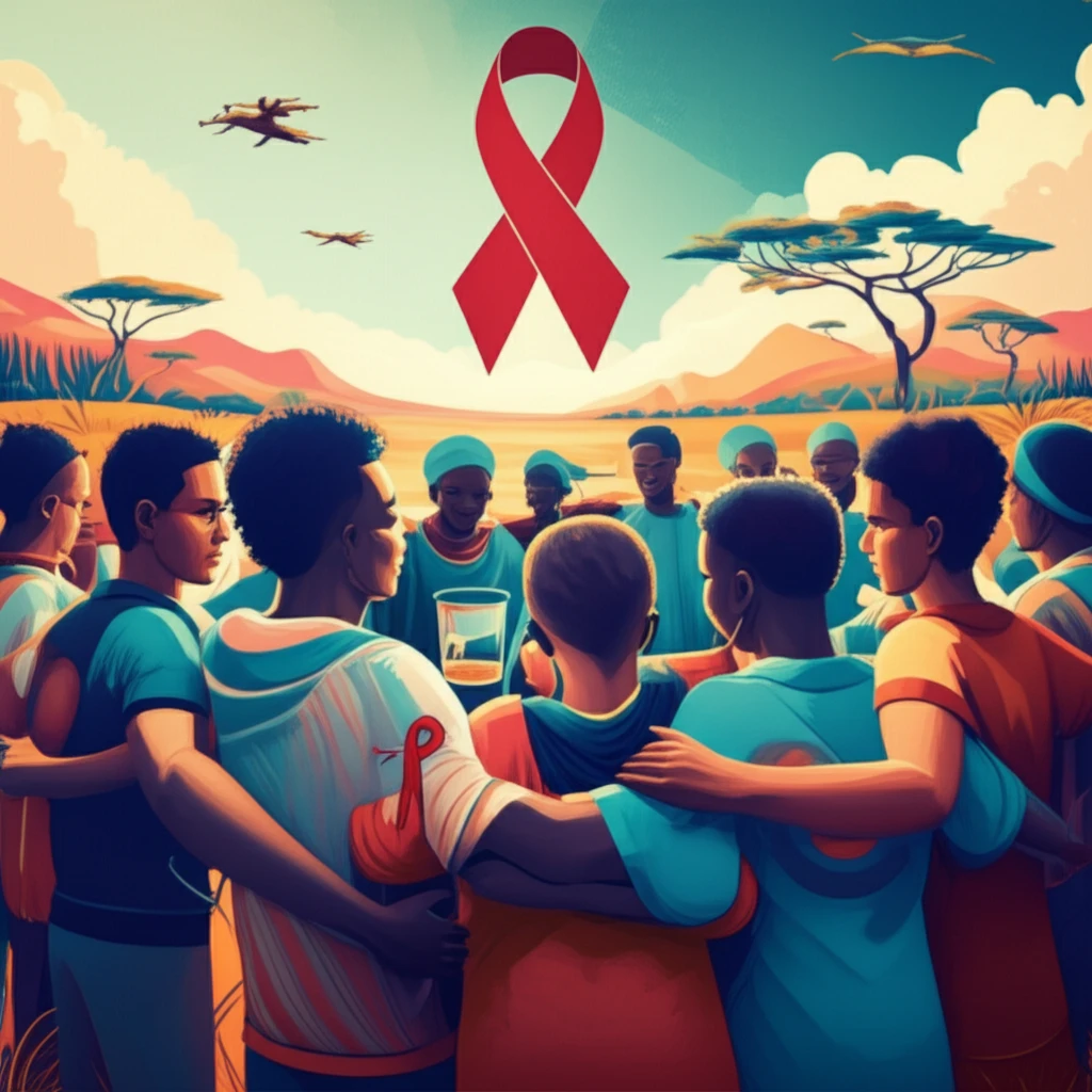 Illustration depicting a diverse group of people in Tanzania, symbolizing the fight against HIV and problem drinking.