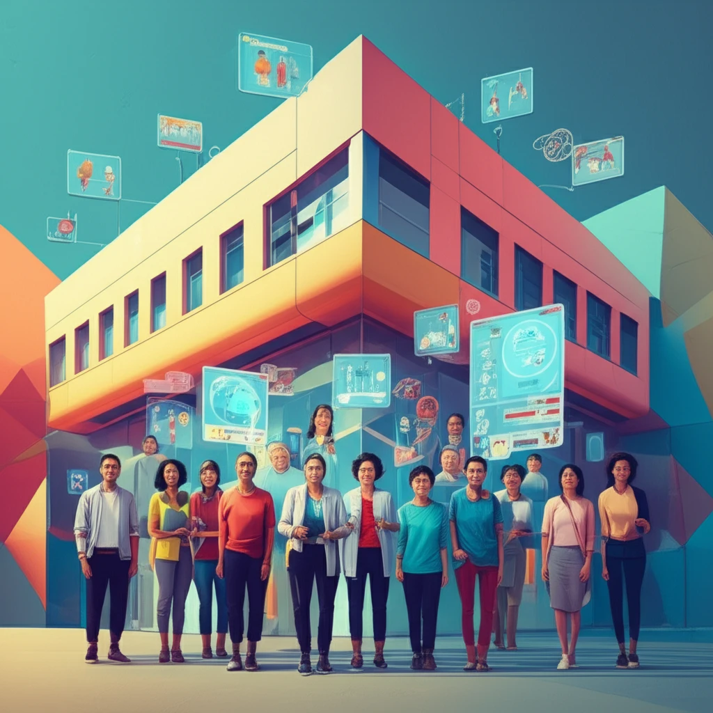 A vibrant illustration of teachers and students standing in front of a futuristic school, symbolizing the complexities of education reform.