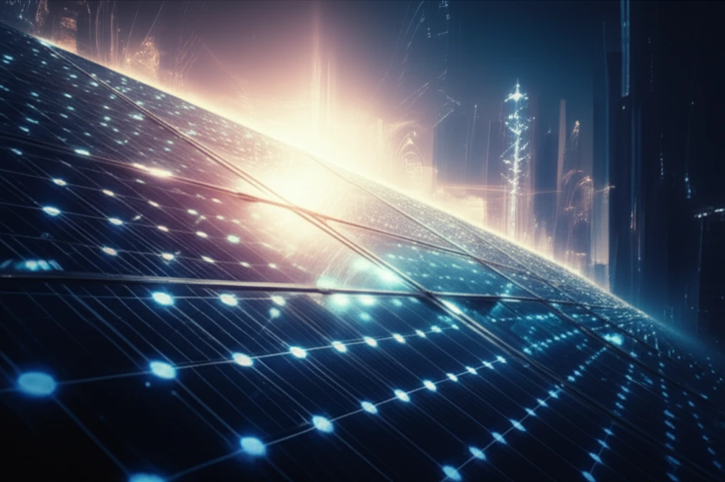 Illustration of a futuristic solar panel made of glowing nanoparticles, capturing sunlight.