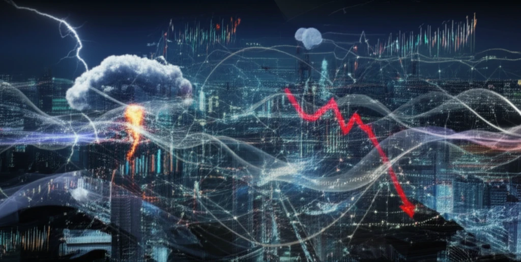 A futuristic digital art piece representing AI analysis of complex data, including visualizations of extreme events such as financial crashes and storms.