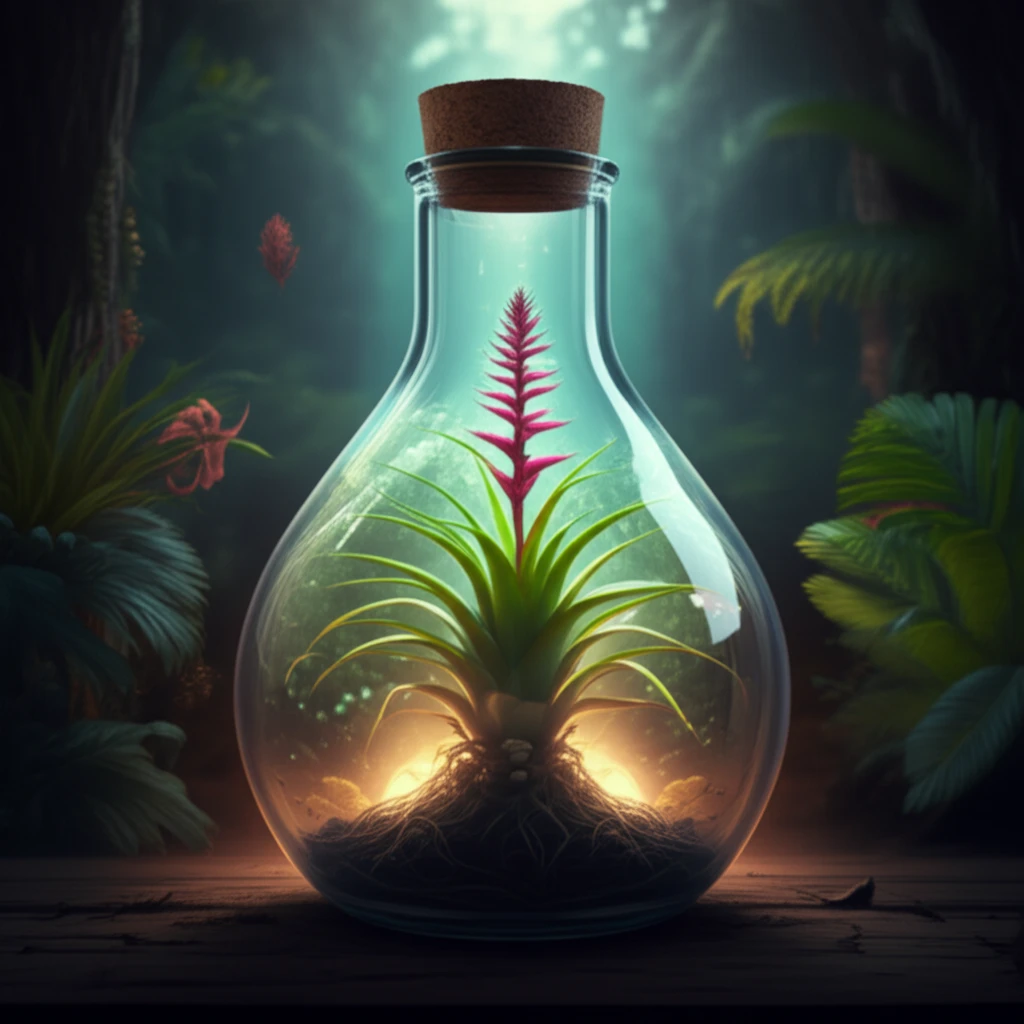 Illustration of a Pitcairnia encholirioides plant in a glowing flask, with a background showing its natural environment, representing in vitro to ex vitro transition.