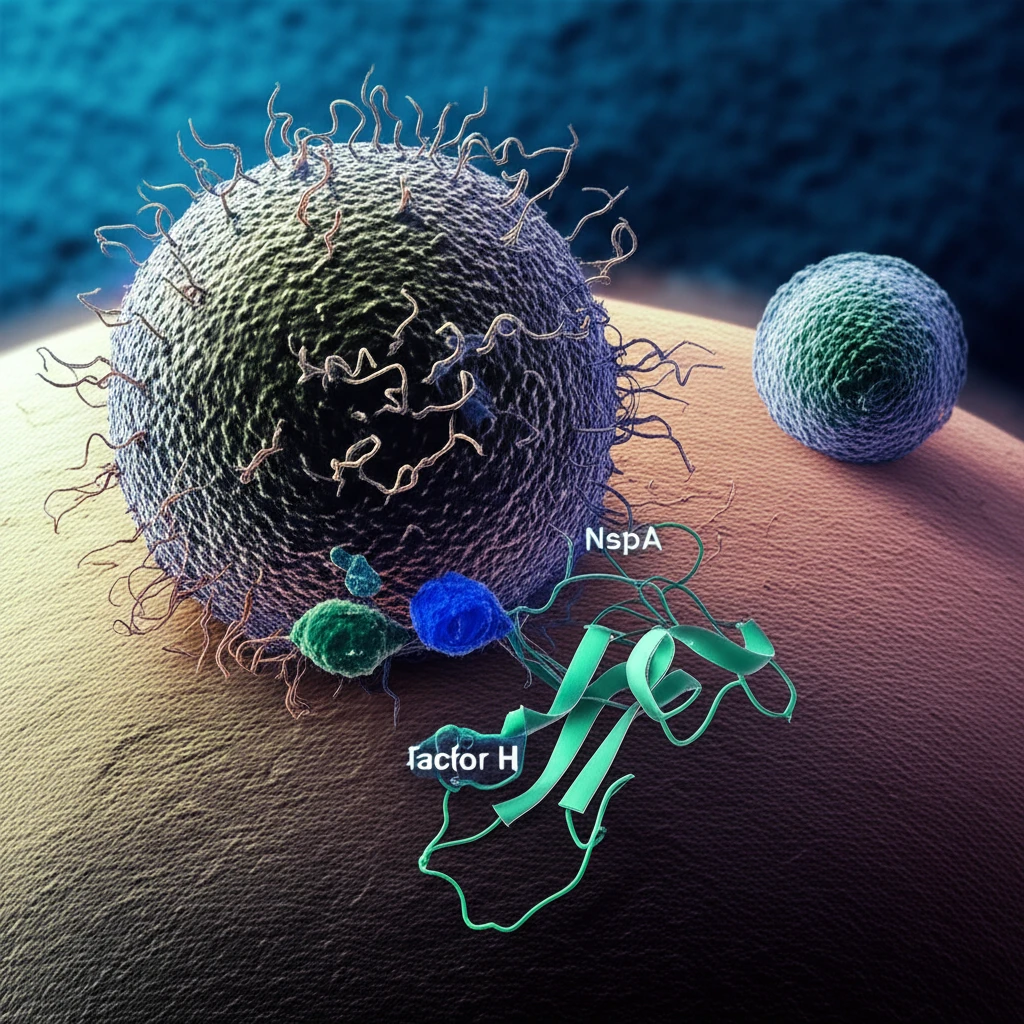 Illustration depicting the interaction between the NspA protein on a gonorrhoea bacterium and the human factor H protein, key to immune evasion.