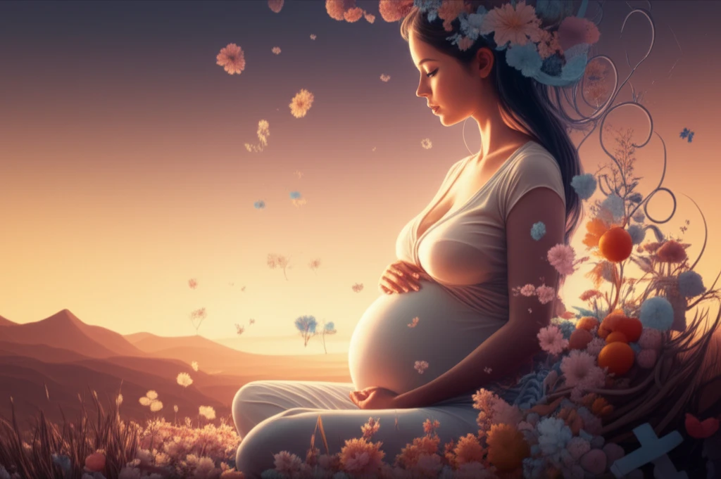 Illustration of a pregnant woman surrounded by symbols of health and well-being.