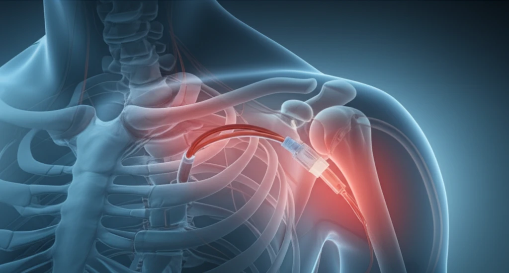 Illustration of a shoulder joint with a catheter, representing the 'dry catheter' technique.