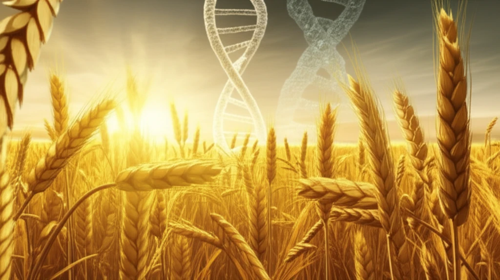 Illustration of a wheat field with DNA strands and genetic research symbols