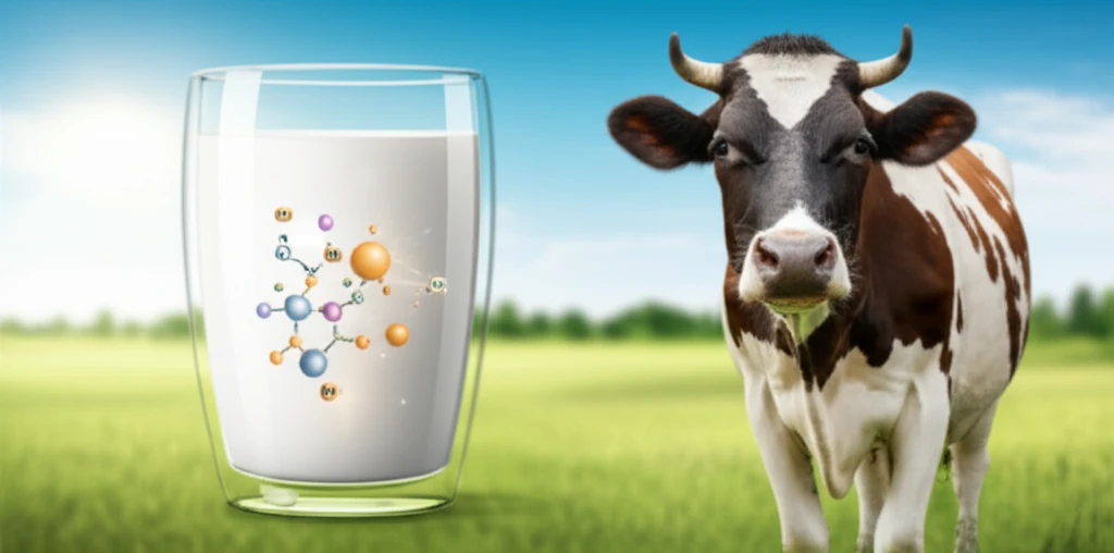 Illustration of a glass of milk with a cow in the background, highlighting the nutritional content and benefits of dairy.