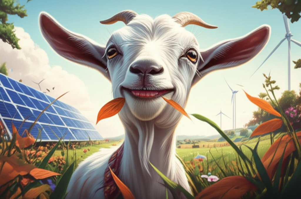 A digital illustration of a goat eating orange leaves in a sustainable farm setting, representing the benefits of incorporating orange leaves into animal feed for environmental and agricultural efficiency.