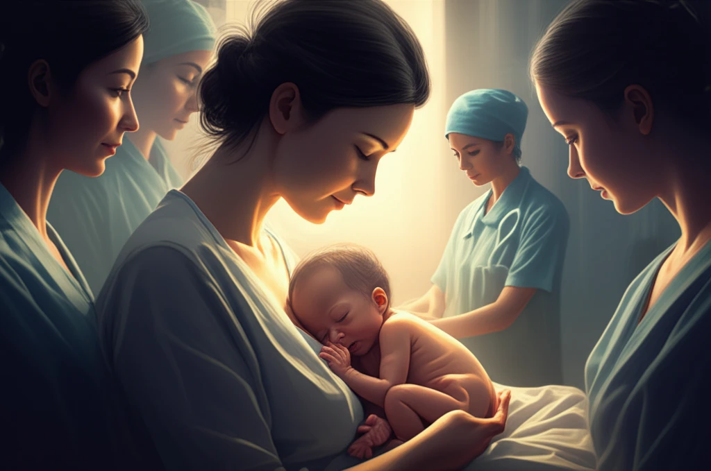 A digital illustration depicting a mother holding her premature baby in the NICU, surrounded by supportive figures.