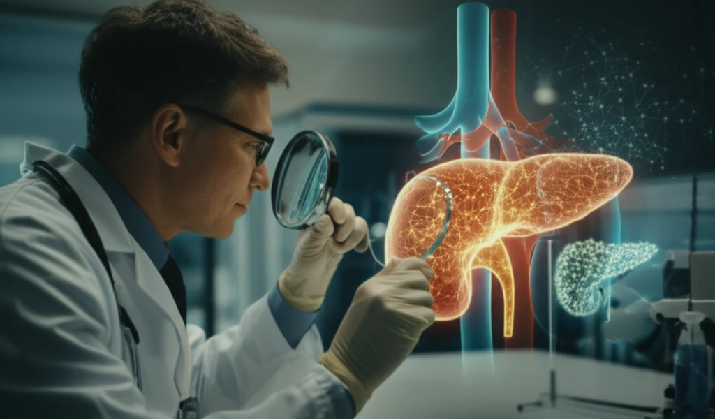 Illustration of a urine sample showing protein patterns, a pancreas, and a kidney, representing medical diagnostics.